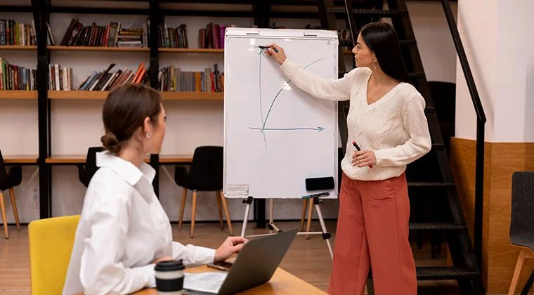 Colleagues review a business opportunity by drawing on a poster board